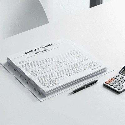 Stack of official campaign finance documents on a desk