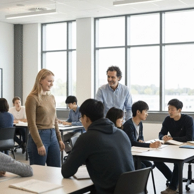 Diverse group of students and a teacher in a modern classroom, no text, no words, no typography, clean image