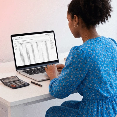 Person reviewing a financial budget spreadsheet and campaign expenses on a laptop