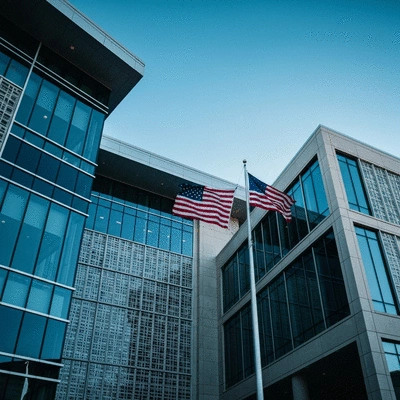 Modern courthouse exterior with American flag