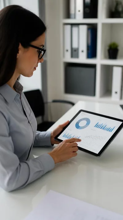 Person studying campaign finance documents on a tablet with graphs and data