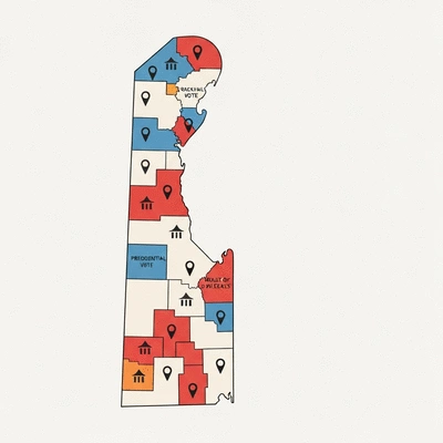 Stylized map of Delaware with various voting districts highlighted, overlaid with election symbols, clean image, no text, no words, no typography