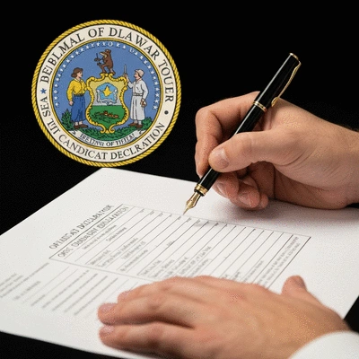 Close-up of hands filling out official candidate declaration forms with a pen, Delaware state seal visible, no text, no words, no typography, clean image