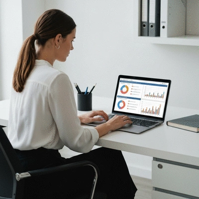 Person using a laptop to research political campaigns and elections, with charts and graphs on screen, clean and modern setting, no text, no words, no typography, clean image