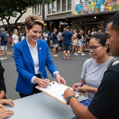 Candidate collecting signatures on a clipboard in a public setting in Hawaii