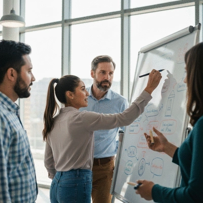 Candidate and campaign team brainstorming ideas on a whiteboard