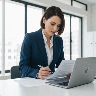Candidate reviewing campaign finance documents with a laptop and pen
