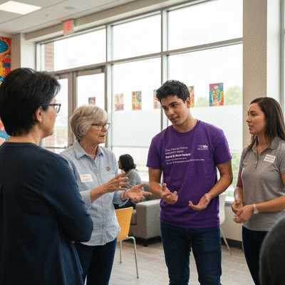 A diverse group of people discussing election dates and civic engagement, symbolizing community involvement