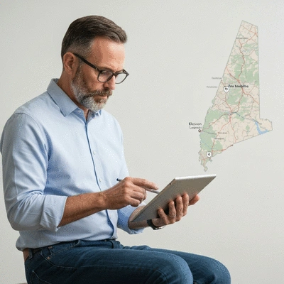 Person studying election laws on a tablet, with a New Hampshire map in the background.
