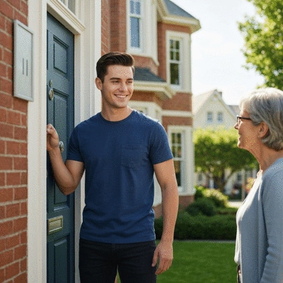 Person knocking on a door in a neighborhood, engaging in a friendly conversation with a resident, representing canvassing efforts