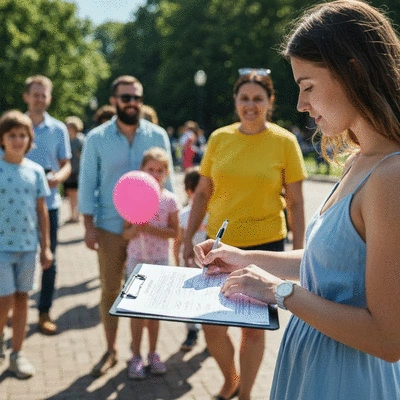 Person collecting signatures on a petition clipboard in a park