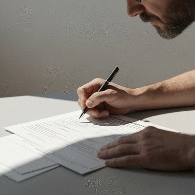 Person filling out official government forms with a pen, focus on hands and documents