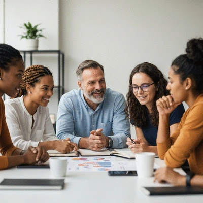 Diverse group of people collaborating on a campaign strategy around a table