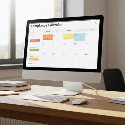 Digital compliance calendar on a modern monitor with highlighted deadlines