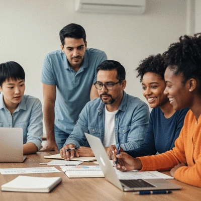 Diverse group of campaign volunteers discussing strategy around a table