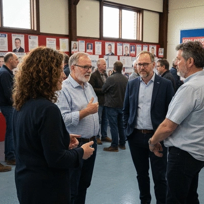 Diverse group of people discussing election campaign in a community hall