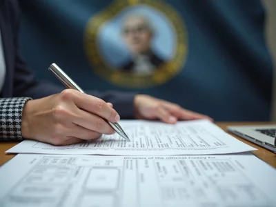 A person filling out official election forms, with a Washington state flag in the background, no text, no words, no typography, no labels, clean image