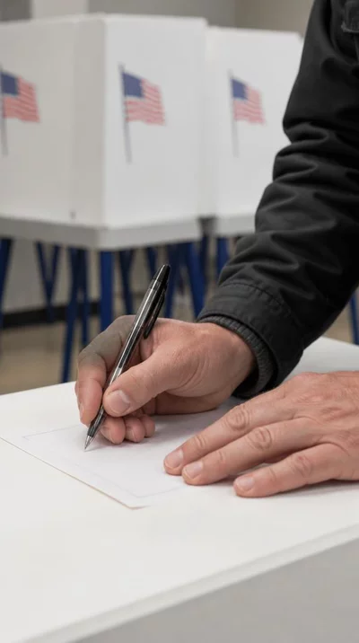 Person writing a name on a ballot with a pen, close-up, voting booth background