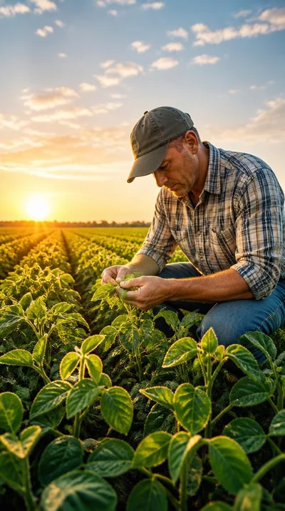 Farmer inspecting crops in a field, symbolizing agricultural research and sustainability