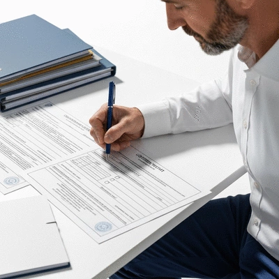 Person filling out official government forms with a pen, surrounded by legal documents