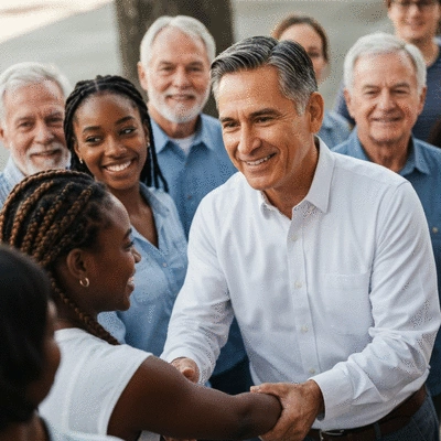Candidate shaking hands with voters at a local campaign event