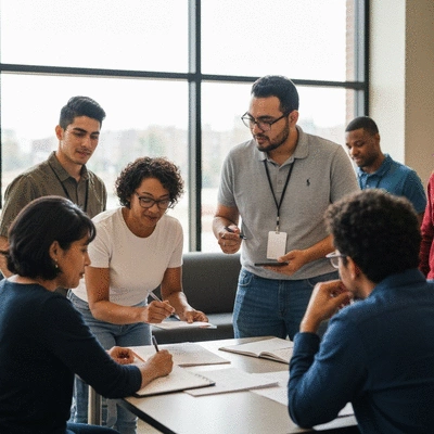 Diverse group of people actively discussing and collaborating in a community setting, representing public engagement and shared values, no text, no words, no typography, no labels, clean image