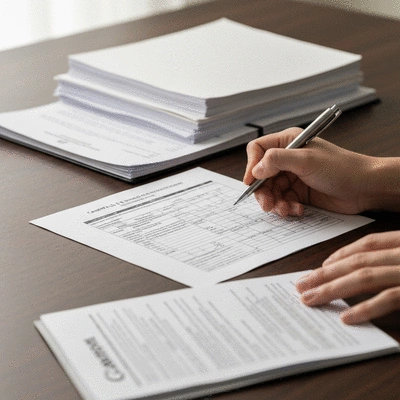 Close-up of hands filling out a campaign finance disclosure form, with a pen and various financial documents on a wooden desk, no text, no words, no typography, no labels, clean image