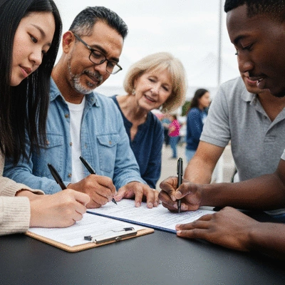 Close-up of hands signing a petition form on a clipboard