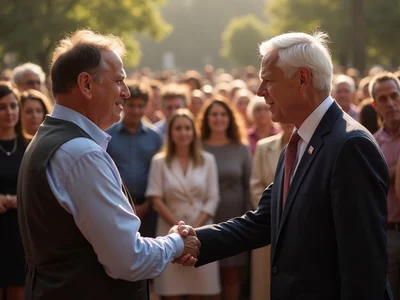 Candidate shaking hands with a voter at a community event, symbolizing connection and engagement, no text, no words, no typography, 8K