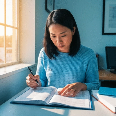 Person studying election laws and Hatch Act regulations, surrounded by legal documents