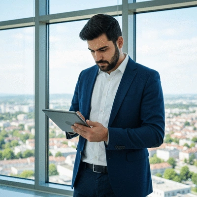 Candidate reviewing election guidelines on a tablet with Hawaiian scenery in the background