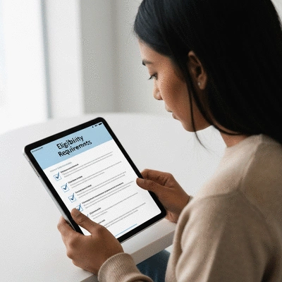 Person reviewing eligibility requirements on a tablet with a checklist