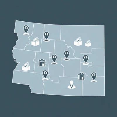 Stylized map of Montana with election-related icons
