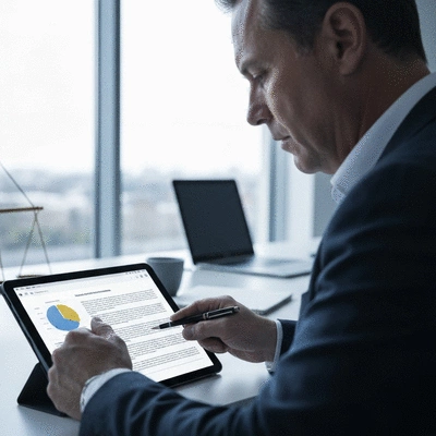 Person studying legal documents on a tablet, with a focused expression