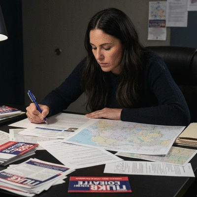 Person studying election documents and a map, surrounded by campaign materials