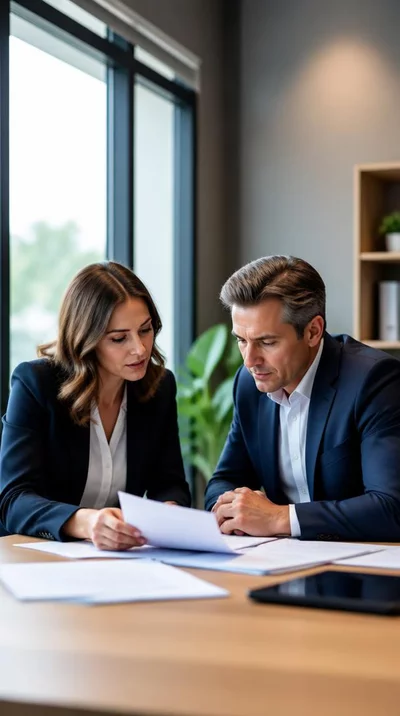 Two people reviewing legal documents and discussing campaign strategy