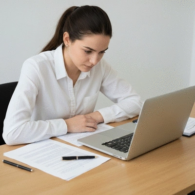 Person studying election laws on a laptop, with legal documents around